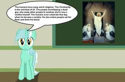 Size: 887x587 | Tagged: safe, lyra heartstrings, pony, undead, unicorn, zombie, g4, adventure in the comments, chalkboard, christianity, human studies101 with lyra, jesus christ, meme, op is a duck, op is trying to start shit, resurrection