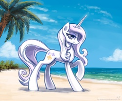 Size: 1200x1000 | Tagged: safe, artist:kp-shadowsquirrel, fleur-de-lis, pony, unicorn, g4, beach, bedroom eyes, cloud, female, looking at you, mare, sand, sky, smiling, solo, water