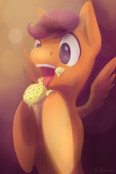 Size: 800x1200 | Tagged: safe, artist:wolfiedrawie, scootaloo, g4, eating, female, ice cream, messy eating, solo