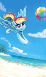 Size: 1200x2000 | Tagged: safe, artist:kp-shadowsquirrel, rainbow dash, pegasus, pony, g4, ball, beach, beach ball, cloud, female, flying, looking at something, mare, outdoors, sand, sky, smiling, solo, spread wings, water, wings