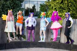 Size: 960x640 | Tagged: safe, artist:baggy666, applejack, fluttershy, pinkie pie, rainbow dash, rarity, twilight sparkle, human, g4, clothes, cosplay, irl, irl human, pantyhose, photo