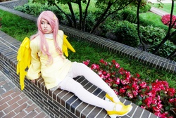 Size: 4146x2778 | Tagged: safe, artist:megelo, fluttershy, human, g4, clothes, cosplay, irl, irl human, photo, socks, solo, thigh highs