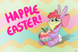 Size: 2400x1600 | Tagged: safe, artist:docwario, apple bloom, earth pony, pony, g4, apple, bunny bloom, bunny costume, clothes, easter, female, filly, foal, solo, text