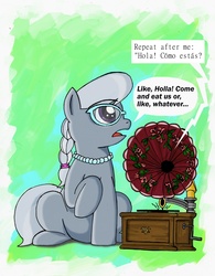 Size: 2373x3035 | Tagged: safe, artist:berlioz-ii, silver spoon, g4, female, phonograph, solo, spanish, speech bubble, traditional art