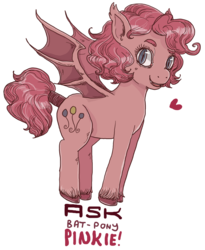 Size: 1000x1217 | Tagged: safe, artist:superlucky13, pinkie pie, bat pony, pony, ask bat pony pinkie, g4, ask, bat ponified, female, heart, pinkiebat, race swap, simple background, solo, text, transparent background, tumblr, unshorn fetlocks