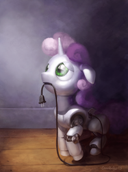 Size: 966x1289 | Tagged: safe, artist:cannibalus, sweetie belle, pony, robot, robot pony, unicorn, g4, charging, cute, diasweetes, female, filly, floppy ears, foal, frown, hooves, horn, looking up, mouth hold, plug, sad, solo, sweetie bot, thunder struck, us plug