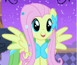 Size: 670x569 | Tagged: safe, screencap, fluttershy, pony, g4, season 1, the best night ever, animated, clothes, dress, female, gala dress, grand galloping gala, solo
