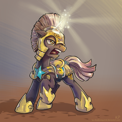 Size: 1500x1500 | Tagged: safe, artist:kp-shadowsquirrel, pony, unicorn, action pose, armor, fight, male, royal guard, solo, stallion