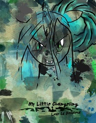 Size: 864x1100 | Tagged: dead source, safe, artist:mlp-frank, queen chrysalis, changeling, changeling queen, g4, female, poster, solo, traditional art, watercolor painting
