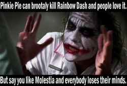 Size: 444x301 | Tagged: safe, fanfic:cupcakes, princess molestia, g4, down with down with molestia, down with molestia, down with molestia drama, drama, everyone loses their minds, meme, misspelling, the joker