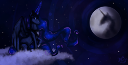 Size: 1024x522 | Tagged: safe, artist:baisre, princess luna, g4, cloud, female, mare, mare in the moon, moon, moon work, stars