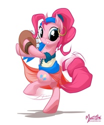 Size: 1246x1500 | Tagged: safe, artist:mysticalpha, pinkie pie, earth pony, pony, friendship is witchcraft, g4, alternate hairstyle, bipedal, clothes, cute, diapinkes, dock, ear piercing, earring, female, gypsy pie, jewelry, musical instrument, piercing, ponytail, romani, solo, tambourine