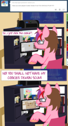 Size: 1133x2082 | Tagged: safe, artist:hottspinner, derpy hooves, doctor whooves, fluttershy, time turner, oc, pony, unicorn, g4, blueprint, computer, cookie, cookie clicker, crossover, dalek, david tennant, doctor who, glasses, male, minecraft, pc, tenth doctor, tumblr
