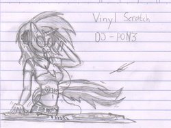 Size: 1024x764 | Tagged: safe, artist:thedrunkcoyote, dj pon-3, vinyl scratch, anthro, g4, 2011, belly button, female, headphones, monochrome, solo, traditional art, turntable