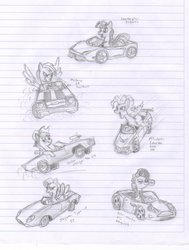 Size: 777x1028 | Tagged: safe, artist:thedrunkcoyote, applejack, fluttershy, pinkie pie, rainbow dash, rarity, twilight sparkle, g4, car, mane six, monochrome, traditional art, vehicle