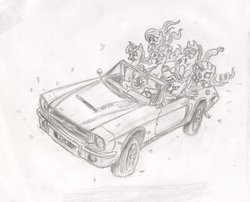 Size: 995x802 | Tagged: safe, artist:thedrunkcoyote, applejack, fluttershy, pinkie pie, rainbow dash, rarity, twilight sparkle, g4, car, ford mustang, mane six, monochrome, mustang, traditional art