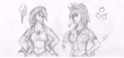 Size: 2721x1275 | Tagged: safe, artist:thedrunkcoyote, applejack, rainbow dash, human, g4, belly button, humanized, monochrome, traditional art
