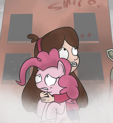 Size: 1115x1217 | Tagged: safe, artist:thebluenidobunny, pinkie pie, human, g4, crossover, gravity falls, konami, mabel pines, male, scared, silent hill