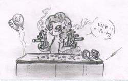 Size: 1299x827 | Tagged: safe, artist:thedrunkcoyote, pinkie pie, g4, balloon, earmuffs, female, gun, monochrome, solo, traditional art