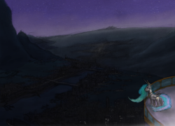 Size: 600x433 | Tagged: safe, artist:hewison, princess celestia, g4, balcony, city, cityscape, dark, female, mountain, night, scenery, solo, stars