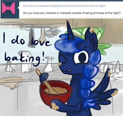 Size: 900x850 | Tagged: safe, artist:talludde, princess luna, ask the princess of night, g4, alternate hairstyle, cooking, female, solo, this will end in tears and/or breakfast, tumblr