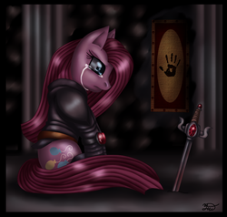 Size: 816x778 | Tagged: safe, artist:yuki-orin, pinkie pie, g4, crying, dark, dark brotherhood, female, pinkamena diane pie, sitting, solo, sword, the elder scrolls, weapon