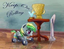 Size: 2729x2097 | Tagged: safe, artist:owlvortex, oc, oc only, oc:wheely bopper, original species, wheelpone, solo, trophy