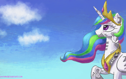 Size: 1024x640 | Tagged: dead source, safe, artist:244705, princess celestia, cyborg, g4, female, raised hoof, smiling, solo