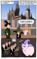 Size: 682x1082 | Tagged: safe, artist:kturtle, oc, oc:fluffle puff, accessory swap, comic, crossover, harry potter, harry potter (series), hat, hufflepuff, pun, sorting hat, the great and powerful, trixie's cape, trixie's hat