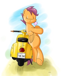 Size: 1618x2000 | Tagged: safe, artist:hieronymuswhite, scootaloo, pegasus, pony, g4, bipedal, bipedal leaning, bubblegum, eyes closed, female, flcl, leaning, moped, scooter, solo, vespa