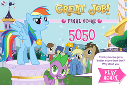 Size: 749x500 | Tagged: safe, screencap, berry punch, berryshine, derpy hooves, doctor whooves, emerald beacon, perfect pace, rainbow dash, spike, time turner, dragon, earth pony, pegasus, pony, g4, official, equestrivia challenge, game, hubworld, medal, score, text, the hub