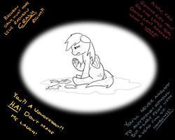 Size: 1280x1024 | Tagged: artist needed, safe, rainbow dash, g4, bullying, crying, disembodied thoughts, female, monochrome, sad, solo, text