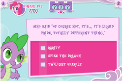 Size: 759x507 | Tagged: safe, pinkie pie, rarity, spike, twilight sparkle, g4, equestrivia challenge, fail, hubworld, liquid pride