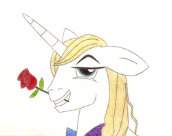 Size: 600x476 | Tagged: safe, artist:haleylonglover, prince blueblood, g4, flower in mouth, male, rose, rose in mouth, solo, traditional art