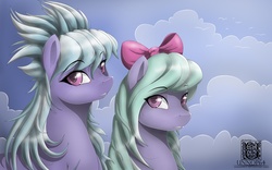 Size: 5333x3333 | Tagged: safe, artist:unnop64, cloudchaser, flitter, pegasus, pony, g4, absurd resolution, bow, cloud, eyebrows, eyebrows visible through hair, female, hair bow, mare, siblings, sisters