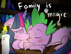 Size: 1024x768 | Tagged: safe, artist:zouyugi, spike, twilight sparkle, g4, candle, crying, kissing, night, sleeping, spikelove