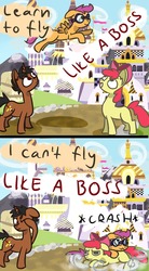 Size: 1056x1920 | Tagged: safe, artist:talludde, apple bloom, scootaloo, oc, ask the princess of night, g4, canterlot, crash, derp, goggles, like a boss, scootacrash, scootaloo can't fly, the lonely island, tumblr