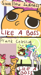 Size: 1056x1920 | Tagged: safe, artist:talludde, apple bloom, princess celestia, scootaloo, ask the princess of night, g4, cake, like a boss, prank, the lonely island, this will end in tears and/or a journey to the moon, tumblr