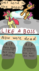 Size: 1056x1920 | Tagged: safe, artist:talludde, apple bloom, scootaloo, ask the princess of night, g4, buy some apples, dead, grave, like a boss, moon, the lonely island, tumblr