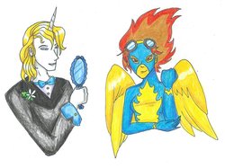 Size: 800x599 | Tagged: safe, artist:puppetstringz, prince blueblood, spitfire, human, g4, bowtie, clothes, female, goggles, horn, horned humanization, humanized, male, mirror, suit, winged humanization, wings, wonderbolts uniform