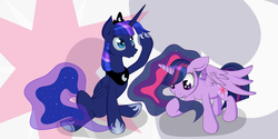 Size: 4000x2000 | Tagged: safe, artist:xonxt, princess luna, twilight sparkle, alicorn, pony, g4, abstract background, alternate hairstyle, duo, ethereal mane, female, mane swap, mare, simple background, twilight sparkle (alicorn), white background