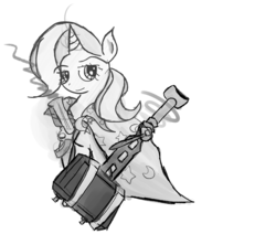 Size: 1280x1087 | Tagged: safe, artist:rayfriedh, trixie, pony, unicorn, g4, female, gun, hammer, mare, solo, team fortress 2, weapon