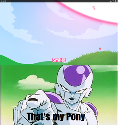 Size: 721x768 | Tagged: safe, pinkie pie, smile hd, g4, dragon ball, dragon ball z, freeza, meme, smile bomb, smiling, that's my pony, that's my x