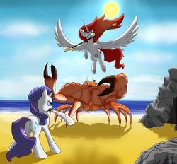 Size: 2800x2600 | Tagged: safe, artist:laptopgun, rarity, oc, oc:princess apricity, alicorn, crab, pony, unicorn, g4, alicorn oc, butt, canada, female, mare, plot, rarity fighting a giant crab, saber, weapon