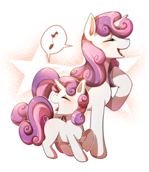 Size: 817x942 | Tagged: safe, artist:missaka, sweetie belle, g4, age progression, blank flank, duality, eyes closed, music notes, older, open mouth, pictogram, raised hoof, self ponidox, singing, smiling, standing, strategically covered, tongue out