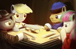 Size: 1332x870 | Tagged: safe, artist:anticular, blossomforth, derpy hooves, doctor whooves, thunderlane, time turner, earth pony, pegasus, pony, g4, clothes, female, game, mahjong, male, mare, stallion, table, tabletop game, underp