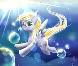Size: 3500x3000 | Tagged: safe, artist:aquagalaxy, derpy hooves, pegasus, pony, g4, bubble, crepuscular rays, feather, female, flowing mane, flowing tail, happy, high res, mare, ocean, open mouth, open smile, signature, smiling, solo, spread wings, sunlight, swimming, tail, underwater, water, wings