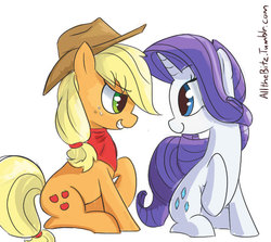 Size: 638x569 | Tagged: safe, artist:lance, applejack, rarity, earth pony, pony, unicorn, g4, commission, cowboy hat, duo, female, freckles, hat, lesbian, looking at each other, mare, neckerchief, ship:rarijack, shipping, simple background, smiling, stetson, white background