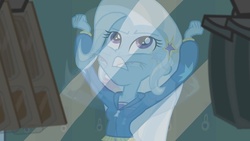 Size: 960x540 | Tagged: safe, trixie, equestria girls, g4, against glass, angry, crackers, ermahgerd, female, my brain is full of fuck, my mind is full of fuck, solo