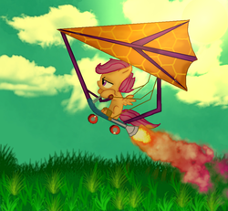 Size: 900x832 | Tagged: safe, artist:stagenamenightmare, scootaloo, g4, female, flying, flying contraption, glider, riding, solo